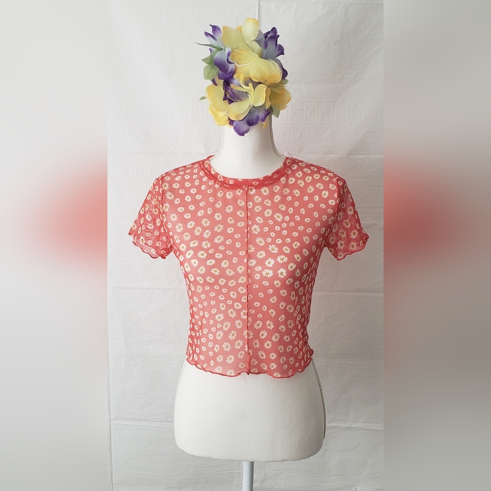 PERSAYA Red Floral Mesh Top